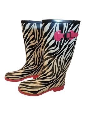 Zebra Rubber Rain Boots Pink White Black Womens Size 9